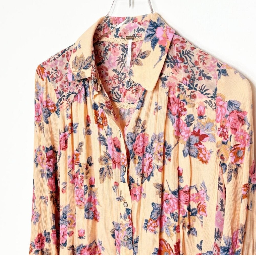 Free People Boho Floral Pink Peach Blouse Sz Large - Picture 5 of 8